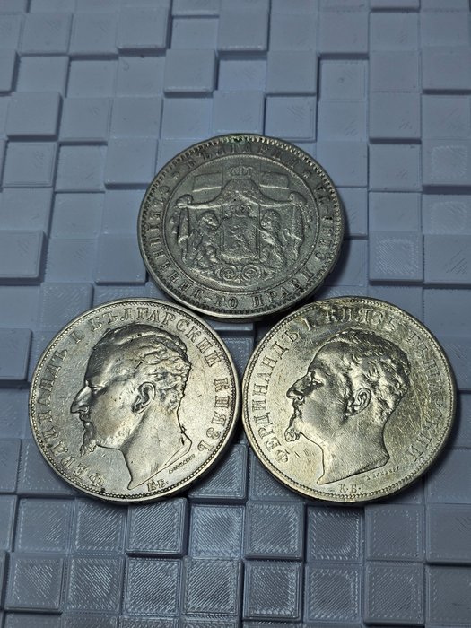 保加利亚. Lot of 3x Silver 5 Leva coins 1885, 1892, 1894  (没有保留价)