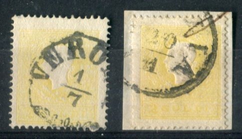 Antike italienische Staaten - Lombardo Veneto 1859 - 2 Penny „Kopf“ der 2. Sorte in den Farben Gelb und Hellgelb - Sassone 28, 28a