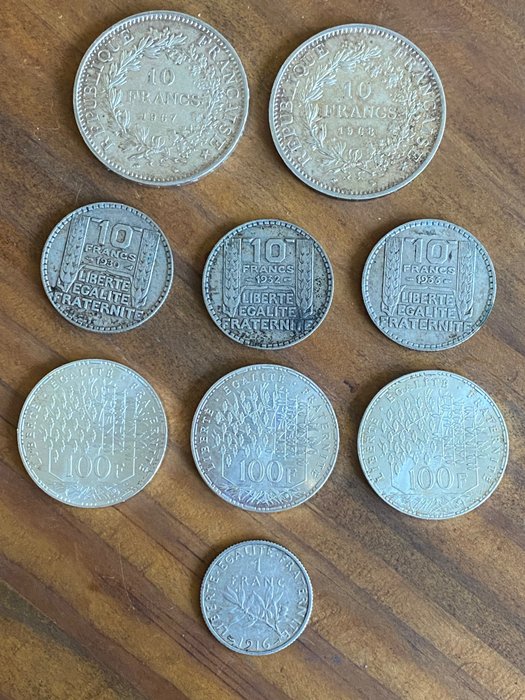Francja. Lot de 9 monnaies en argent (1 Franc à 100 Francs) 1916 à 1983