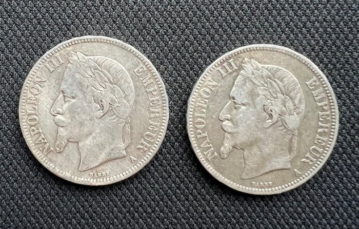 法国. 拿破仑三世(1852-1870). 5 Francs 1868-A (lot de 2 monnaies)