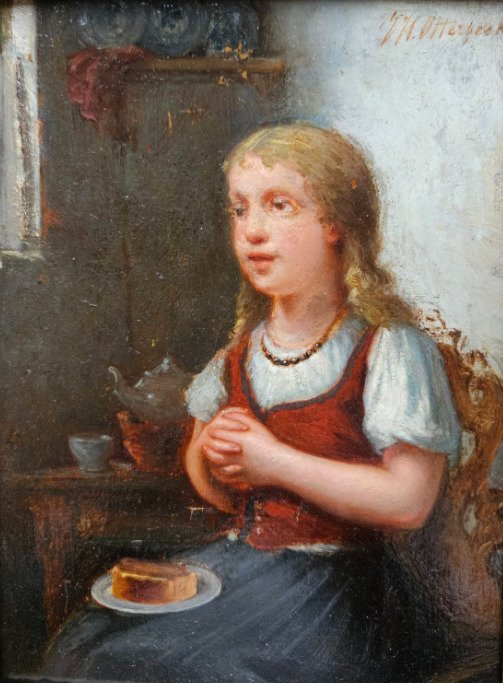 J.H. Otterbeek (XIX) - Portret van een jong meisje in rode jurk biddend voor het eten