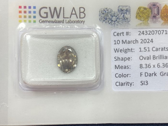 1 pcs 鑽石 - 1.51 ct - 橢圓形 - Fancy dark gray - SI3