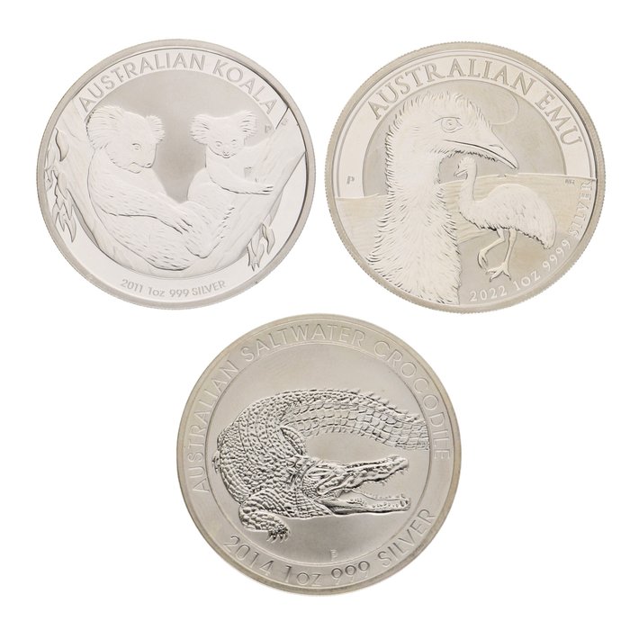 Australia. 1 Dollar 2011/2022 - ''Koala & Crocodile & Emu'' 1 Oz (3 stuks)