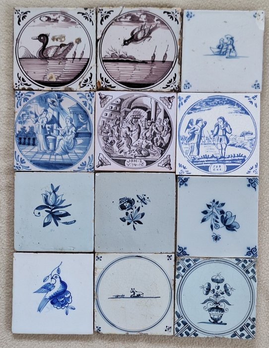 Tegel (12) - Lot van 12 antieke tegels diverse afbeeldingen - 18e + 19e + 20 eeuw 