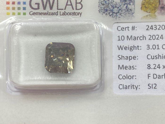 1 pcs 钻石 - 3.01 ct - 枕形 - Fancy dark  gray - SI2 微内含二级