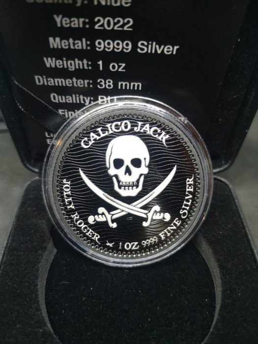 紐埃. 2 Dollars 2022 Calico Jack Jolly Roger Series Black Platinum Silver Coin, 1 Oz (.999)
