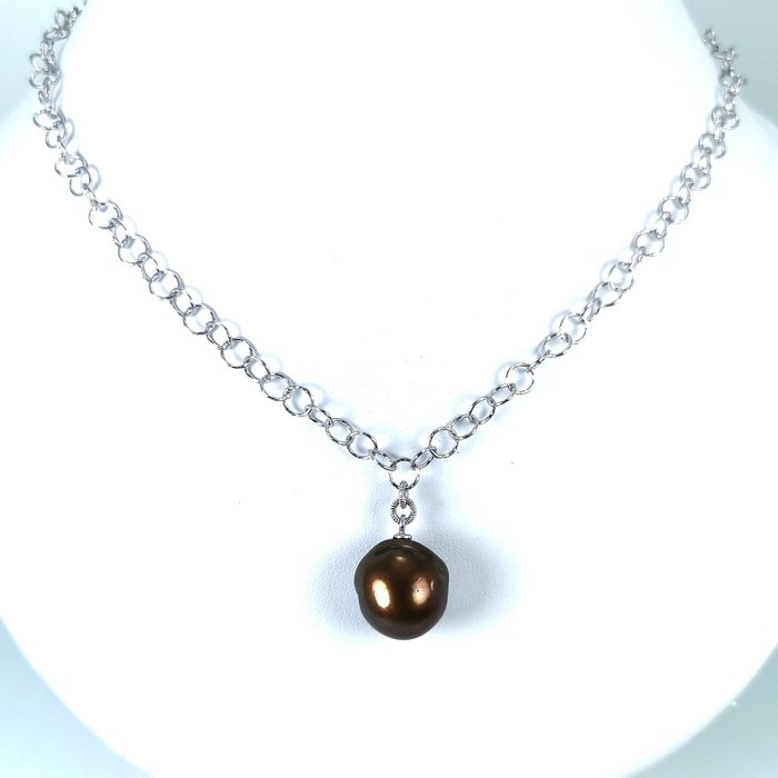 Ohne Mindestpreis - Huge Chocolate Tahitian pearl BQ Ø 14.85 mm - Halskette Silber Perle 