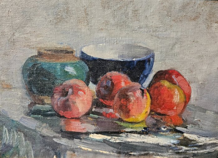 Hollandse school (XX) - Impressionistisch stilleven met Chinese gemberpot, kom en appels