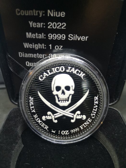 Niue. 2 Dollars 2022 Calico Jack Jolly Roger Series Black Platinum Silver Coin, 1 Oz (.999)  (Zonder Minimumprijs)