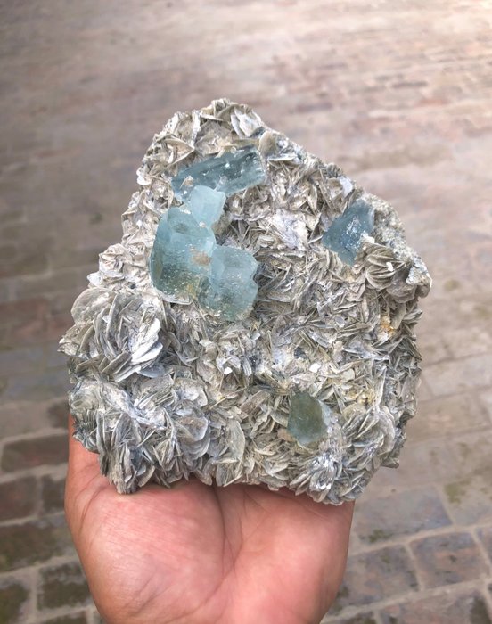 天然海藍寶石結晶與白雲母結合 標本 - 高度: 134 mm - 闊度: 130 mm- 1350 g - (1)
