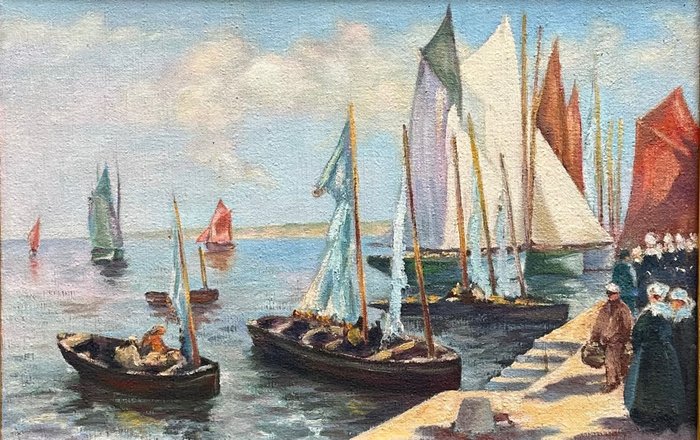 Henri Alphonse Barnoin (1882-1935) (Follower of) - Boats by a harbour wall with figures on a quayside