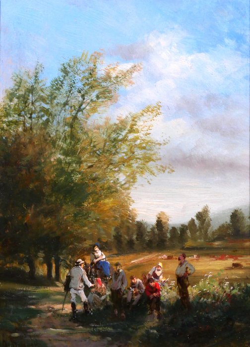 Julien Hénard (1812-1887) - Artist discussing with peasants during his walk