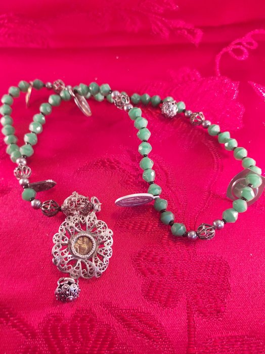 天主教念珠 - 圣母万福念珠与圣尼古拉斯、14k 金、银、绿玉髓珠 - 1850-1900