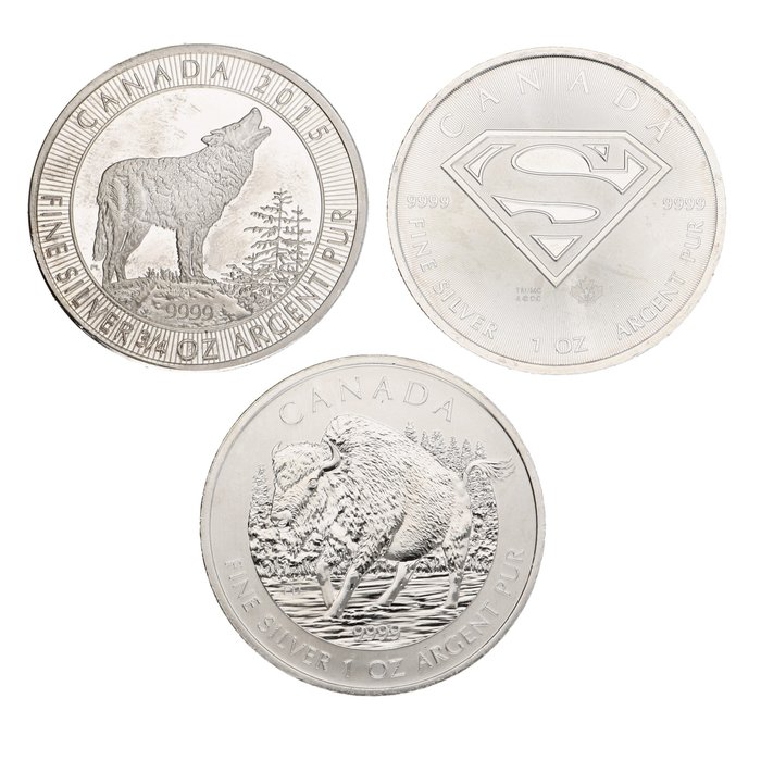 Canada. 2 Dollars / 5 Dollars 2013/2016 - ''Superman & Wolf & Bison'' 1 Oz (3 stuks)