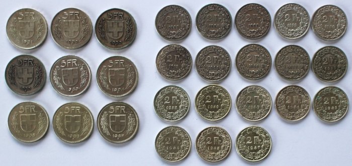瑞士. Lotto di 27 monete in Argento da 5 e 2 Franchi dal 1903 al 1967 tutte date diverse
