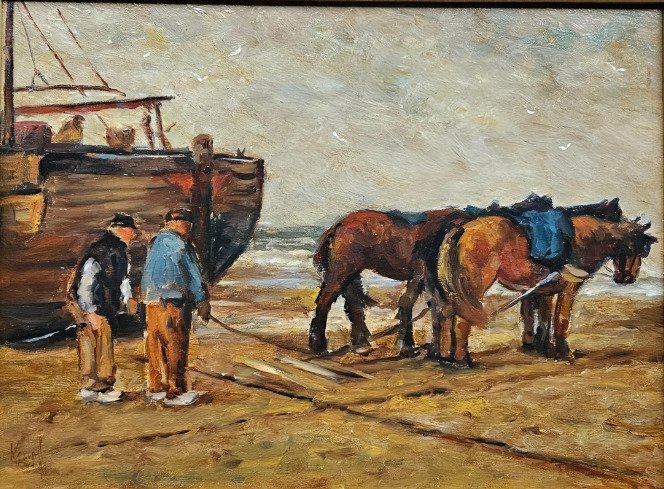 Kropff (XX) - Impressionistische marine het binnenhalen van een bomschuit