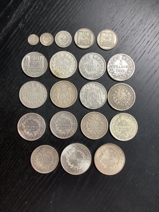 Franța. Lot van 20 zilveren munten (20 Centimes tot 50 Francs) 1832/1976