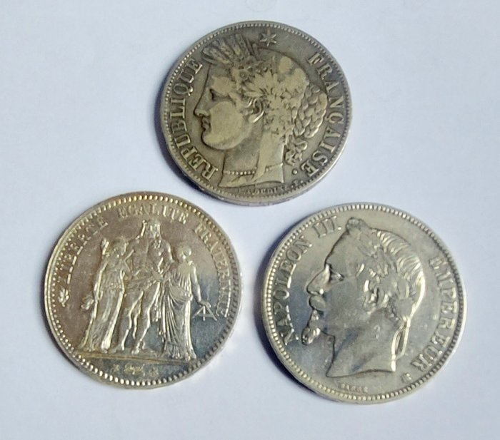 Franciaország. 5 Francs 1849-A, 1868-BB y 1877-A (3 monedas)