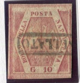 Antikke Italienske Stater - Napoli 1858 - 10 korn 2. tallerken "Lys karminrosa" med sort filigran - Sassone 11a