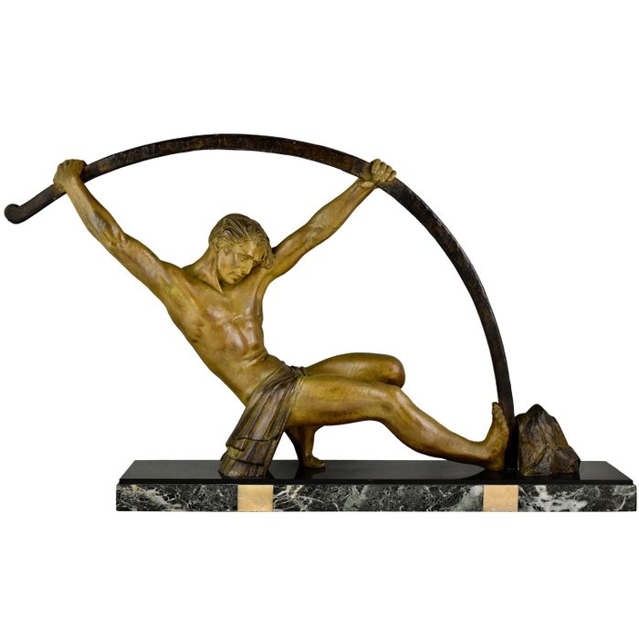 Demetre H. Chiparus - Sculptură, Art Deco atletische man L'age du bronze L. 89 cm. H. - 53.5 cm - Marmură, metal - 1930