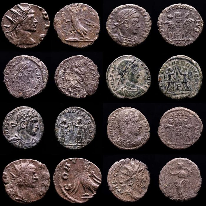 Rooman imperiumi. Lot comprising eight (8) AE coins:  Antoninianus, Follis, Maiorinas. Antoninianus, Follis, Maiorinas. Claudius II (2), Constantine II, Constans (2), Constantine I, Tetricus I & Constantius II  (Ei pohjahintaa)