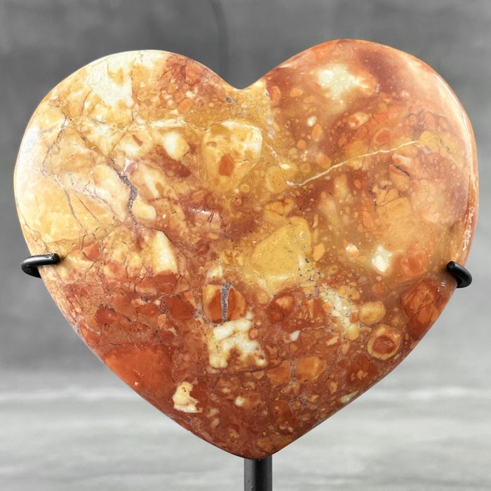 KEIN MINDESTPREIS – Atemberaubender herzförmiger Maligano-Jaspis auf einem maßgefertigten Ständer Herz - Höhe: 14 cm - Breite: 12 cm- 1100 g