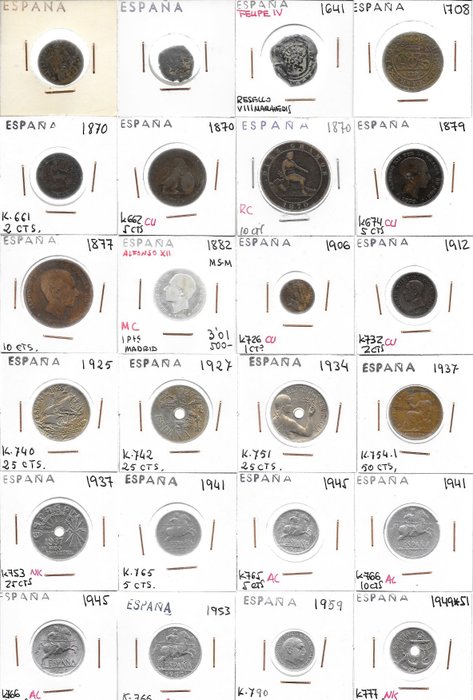 Spania. Lote de 83 monedas 1621/1975