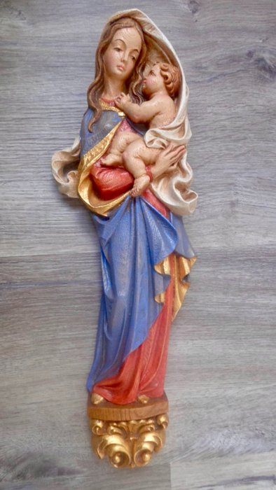雕刻, Holzfigur - Farbige Madonna mit Kind - 42 cm - 木