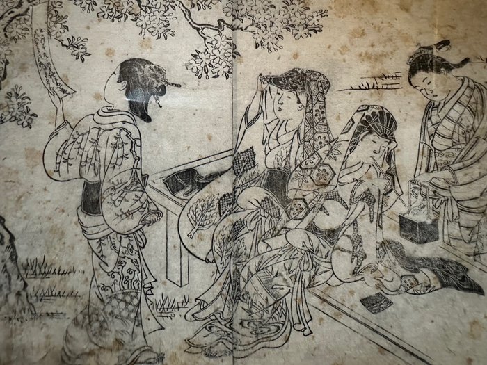 2 Vooraanstaande Japanse dames worden vermaakt in een tuin - Nishikawa Sukenobu (1671-1750) - 日本 - 江戶時代（1600-1868）