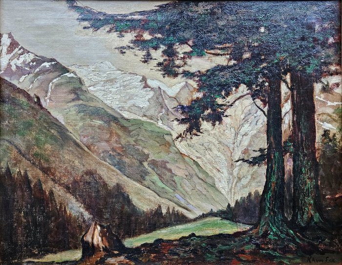K.A.van Eck (1889-1965) - Impressionistisch Zwitsers landschap met bergen, dal, riviertje en pijnbomen, besneeuwde bergen op