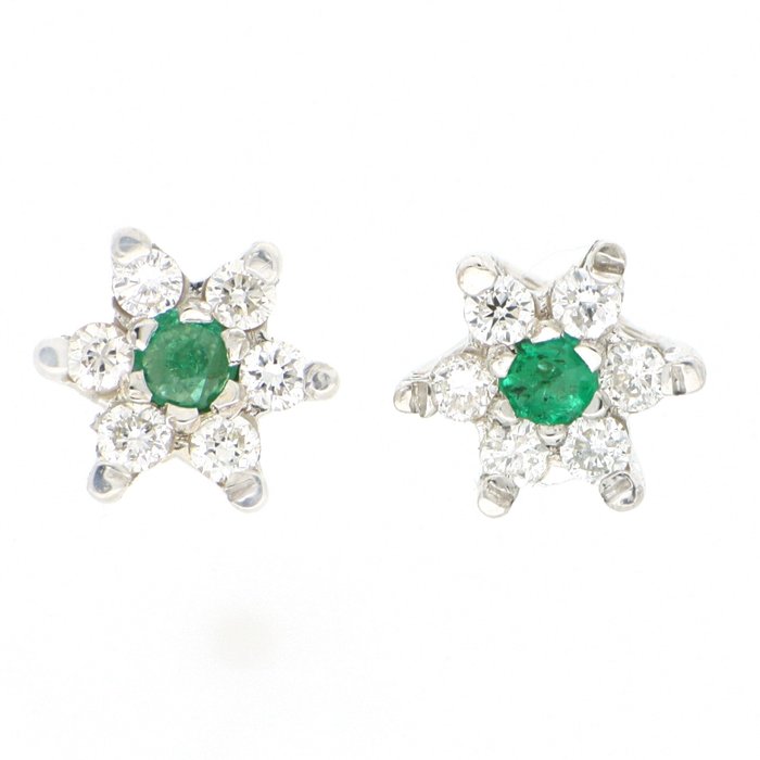 No Reserve Price Earrings - White gold  0.18ct. Round Diamond - Emerald 