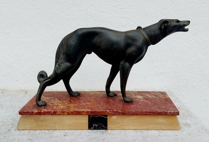 Sculpture, Barking Greyhound - 21 cm - Bronze, Marbre - 1930