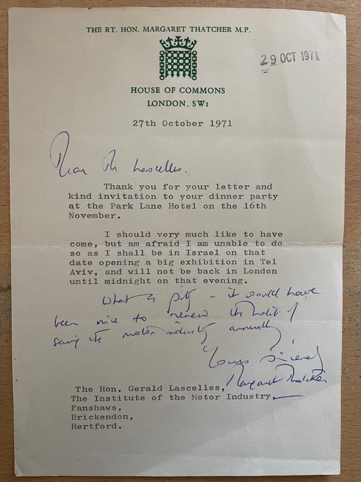 Margaret Thatcher - Original Typed and Hand Signed - 1971