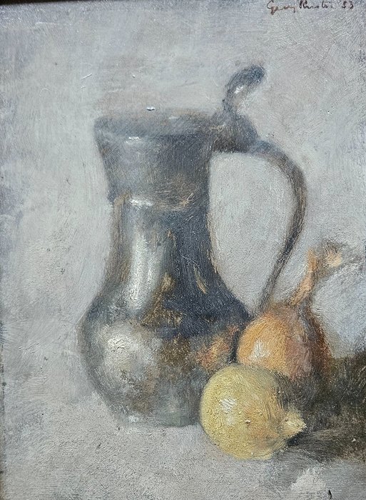 W.C.G. Rueter (1875-1966) - Impressionistisch stilleven met twee uien en een zilveren klepkan