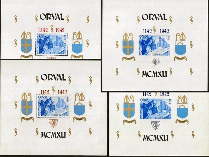 Belgium 1942 - the 4 large Orval blocks with print - OBP/COB BL22/25