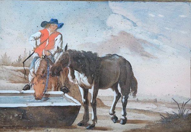 Hollandse/Duitse school (XVIII) - Een ruiter met zijn twee paarden bij een drinktrog in een Italiserend landschap