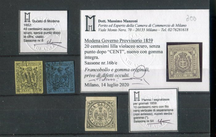 Αρχαία ιταλικά κράτη - Μόντενα 1852/1859 - Γραμματόσημα του Μεγάλου Δούκα, Φορολογικά Τέλη Εφημερίδων, Προσωρινά Κυβερνητικά Γραμματόσημα. - Sassone 3, 6, 16b/e, 5/I