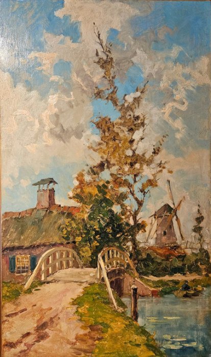 J.M. (van) Beek (1879-1965) - Schitterend impressionistisch Hollands landschap met molen, huisje, houten brug, vissend boertje