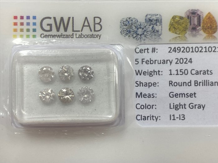 6 pcs 钻石 - 1.15 ct - 圆形 - Light gray - I1 内含一级, I2 内含二级, I3 内含三级, NO RESERVE PRICE