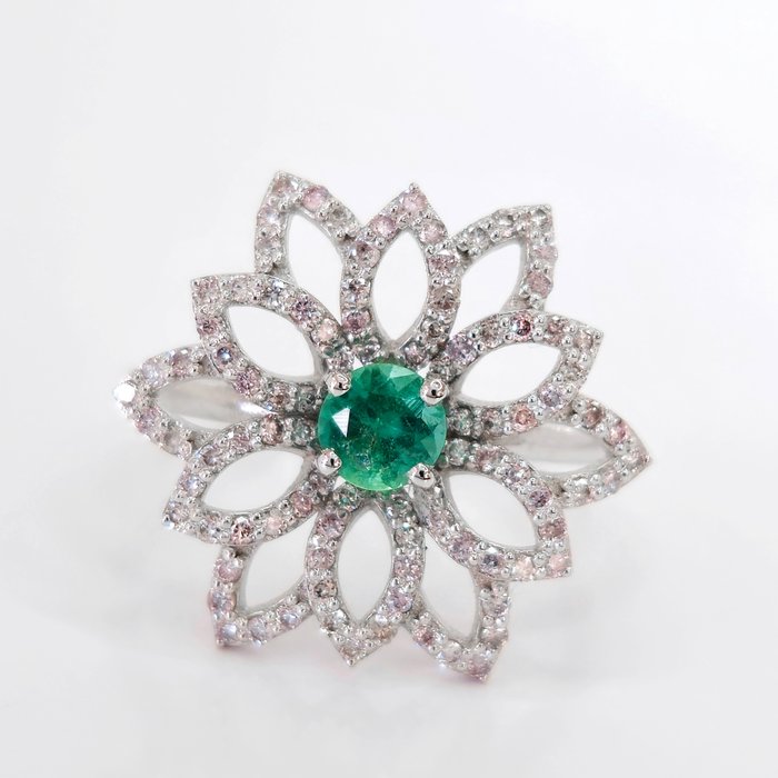 Ohne Mindestpreis - 0.40 ct Green Emerald & 0.52 ct N.Fancy Pink Diamond Ring - 2.63 gr - Ring - 14 kt Weißgold Smaragd 