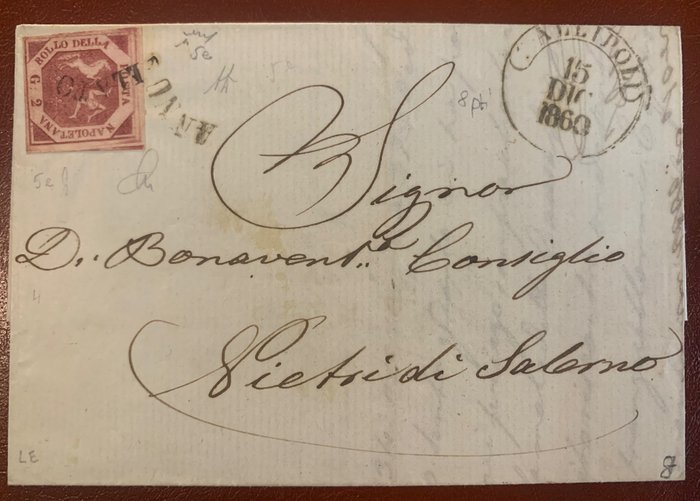 State Italiene Antice - Napoli 1858 - Scrisoare cu înflorire de la Gallipoli. Prospetime si conservare optima - Sassone 5e