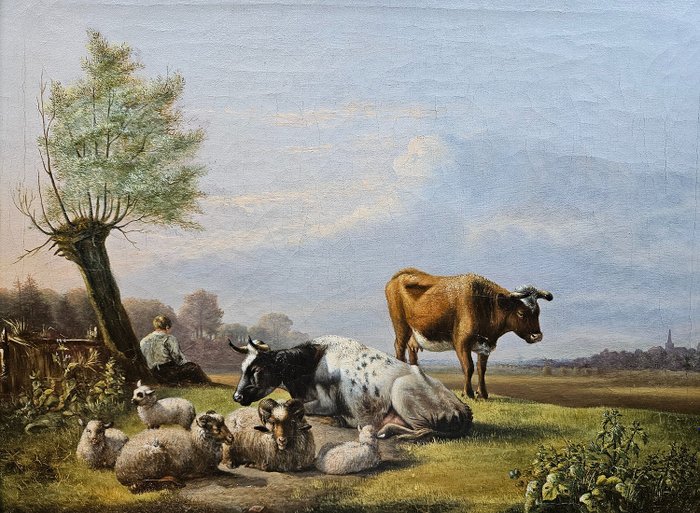 Johannes Rentinck (1798-1846) - Schitterend landchap met vee, herder bij een boom
