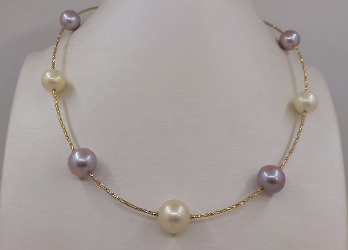 ALGT Certified 10.5x12.5mm Round Golden South Sea and Pink Edison Pearls - Halsband Gult guld, Roséguld 
