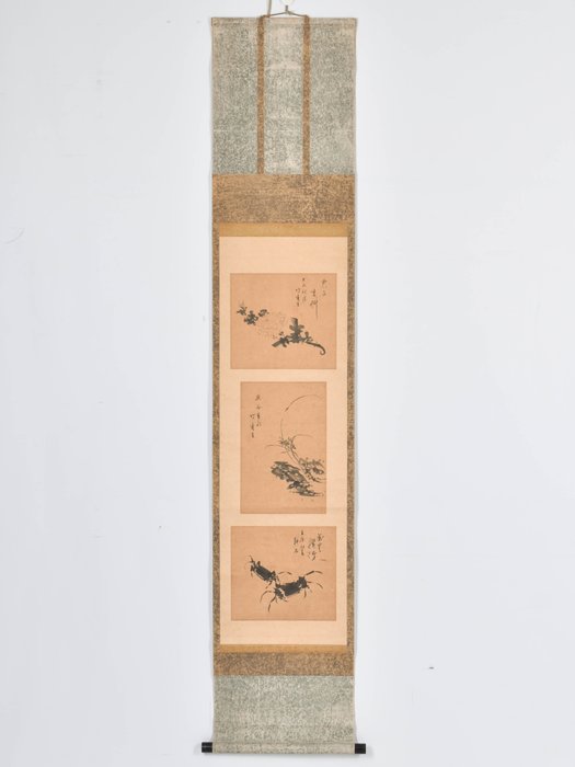 Crabs and flowers - Signed Koseki 耕石 and Chikkō 竹香 - Japonia - Edo Period (1600-1868)