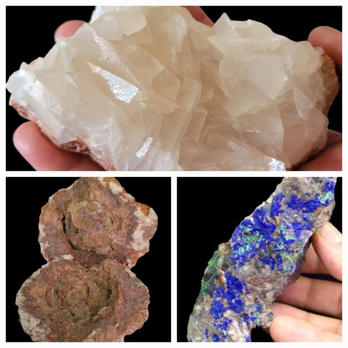Lot of: Calcite, Anapaite geode, Azurite Crystal on matrix- 750 g - (3)