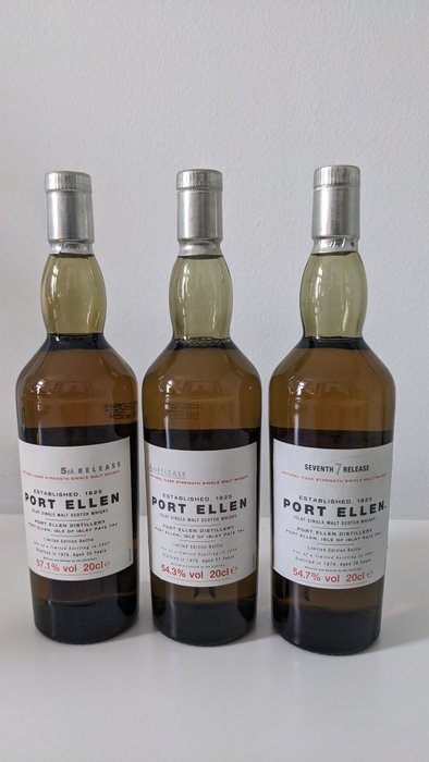 Port Ellen - 1979 5th Release, 1978 6th Release 1978& 1979 7th Release - Original bottling  - 20 cl - 3 bottles