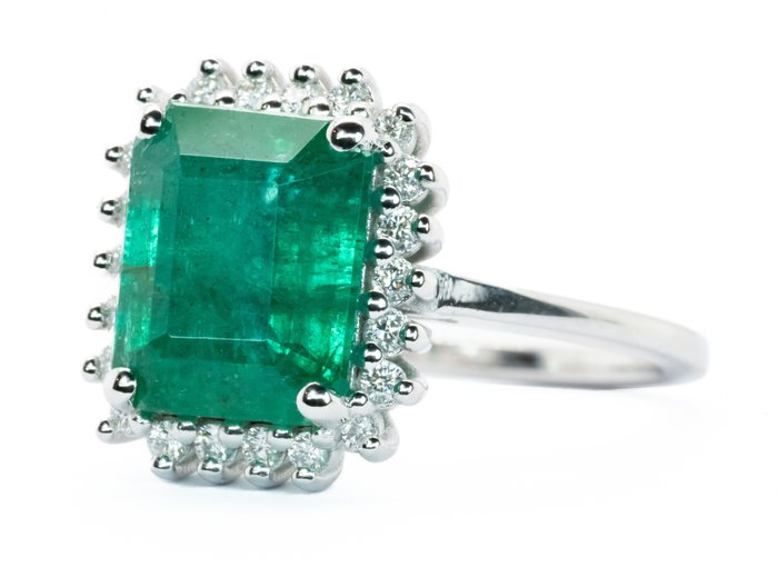 3.18 ct Intense Green (Zambian) Emerald & VS Diamonds - Anillo - Oro blanco 