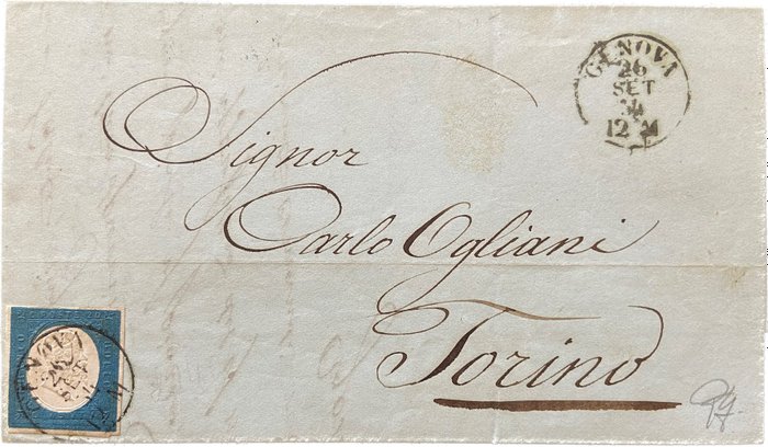 Antiguos Estados de Italia - Cerdeña 1854 - Sobre de Génova a Turín - 29 cent 3_a emissione