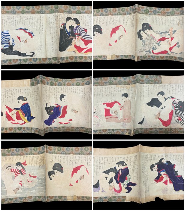 Emaki 絵巻（画卷），附有来自杰出家族的 12 幅春画木刻版画 - 约 1900-10 年代 - After Terasaki Kōgyō 寺崎工業 (1866-1919) - 日本 - Meiji period (1868-1912)