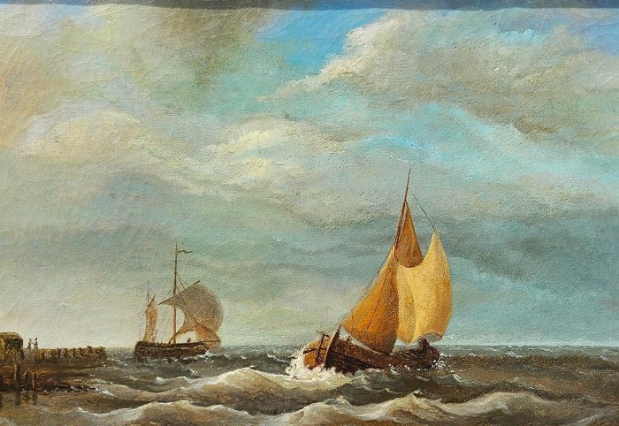 Hollandse School (XIX) - Uitvarend schip en binnenkomende botter bij havenhoofd bij woelig water